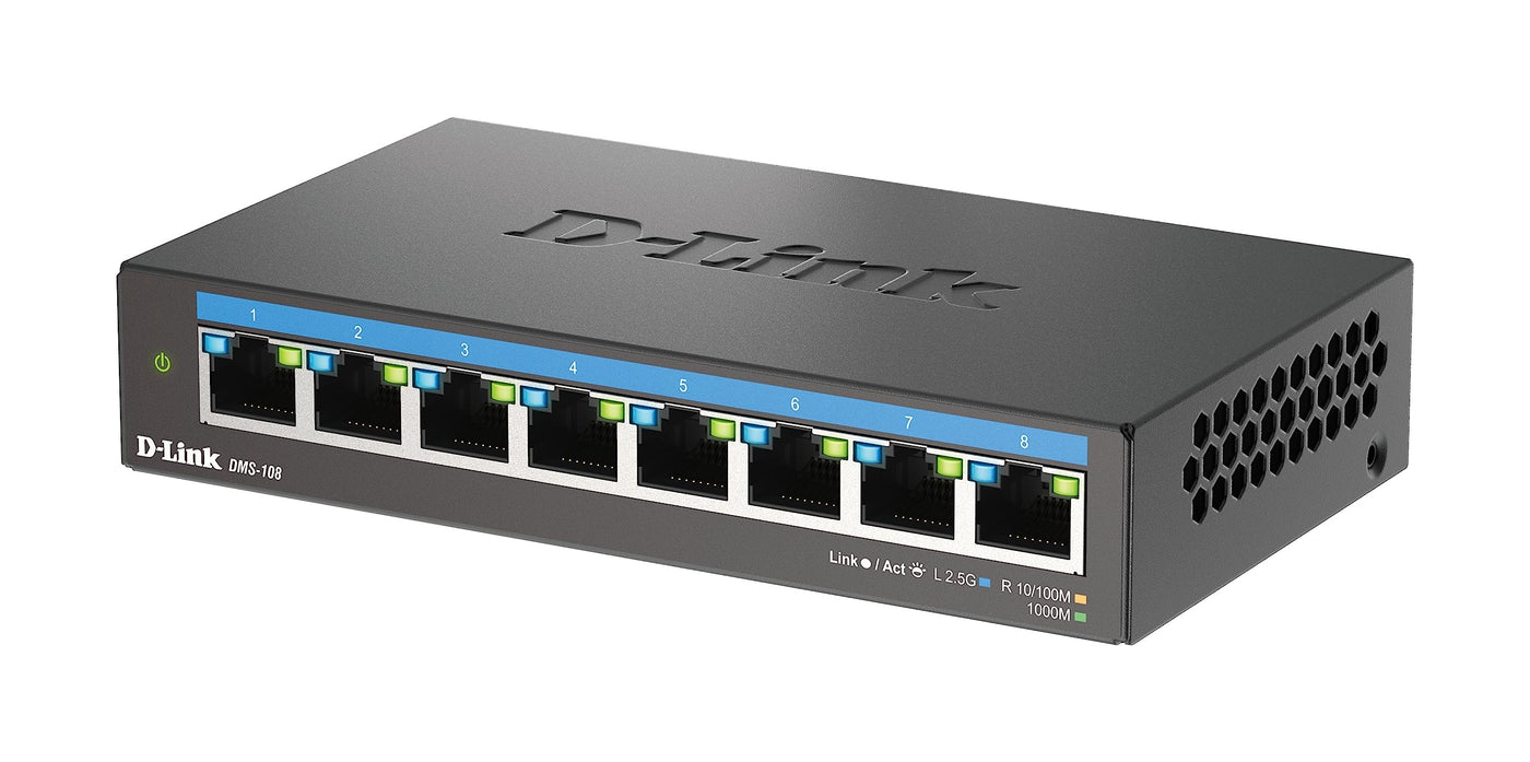 D-Link DMS-108 8-Port Multi-Gigabit Unmanaged Desktop Switch (8X 2,5G Ports, Lüfterlos, Kompakt, Metal Gehäuse, QoS, Plug and Play)