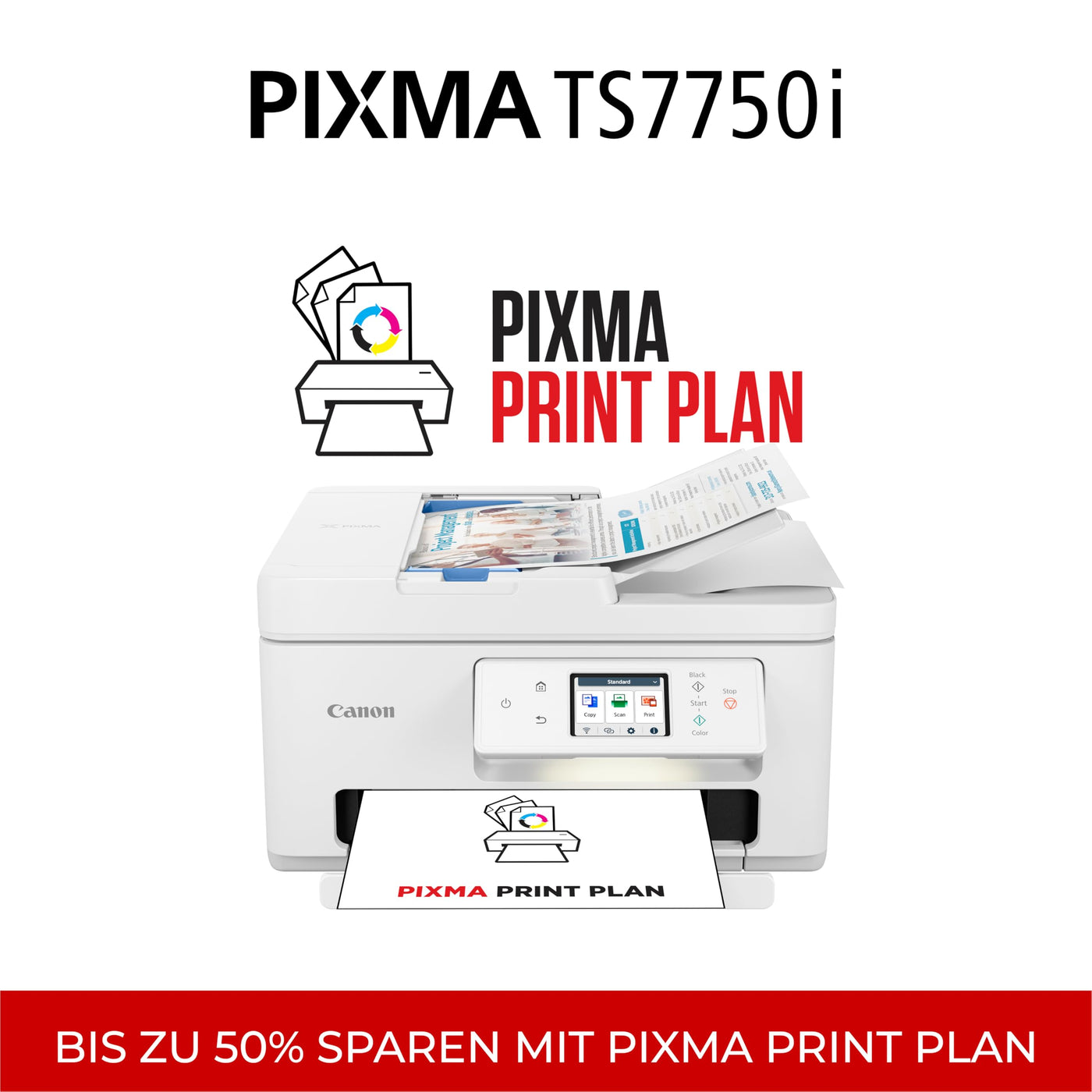 Canon PIXMA TS7750i Multifunktionsdrucker 4in1 (Tintenstrahl,Drucken, Kopieren, Scannen,Faxen, A4, 6,7 cm Touch, WLAN, 35 Blatt ADF, 2 Papierzuführungen, kompatibel mit Pixma Print Plan "Abo") Weiß