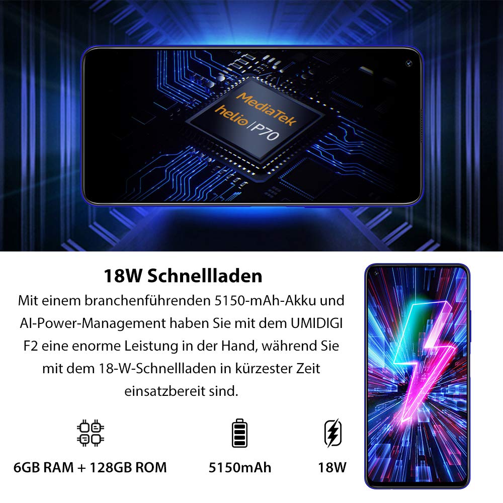 UMIDIGI F2 Android 10 Smartphone ohne vertrag 6.53 Zoll FHD+ FullView Display Handy mit 6GB+128GB, 5150mAh großer Akku, 48 MP Quad-Kamera, NFC, Google Assistant, Seitlicher Fingerabdrucksensor, Blau