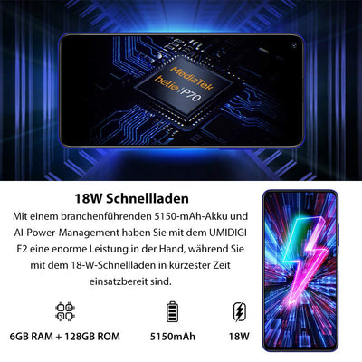 UMIDIGI F2 Android 10 Smartphone ohne vertrag 6.53 Zoll FHD+ FullView Display Handy mit 6GB+128GB, 5150mAh großer Akku, 48 MP Quad-Kamera, NFC, Google Assistant, Seitlicher Fingerabdrucksensor, Blau