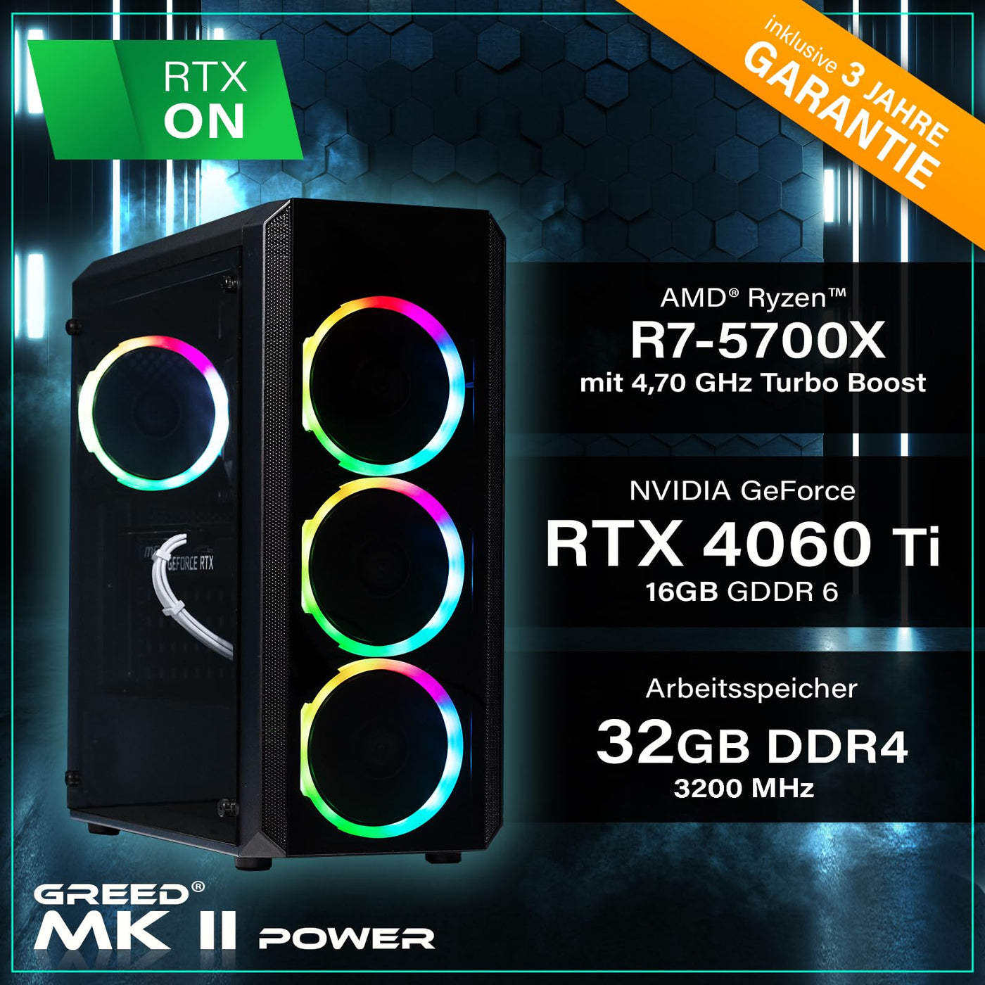 Greed® MK2 Power - High End Gaming PC - AMD Ryzen 7 5700X + Nvidia Geforce RTX 4060 Ti 16GB - Schneller RGB Computer + 4K Raytracing Rechner mit 4,6 GHZ - 32GB DDR4 RAM - 1TB SSD - WLAN + W11 Pro