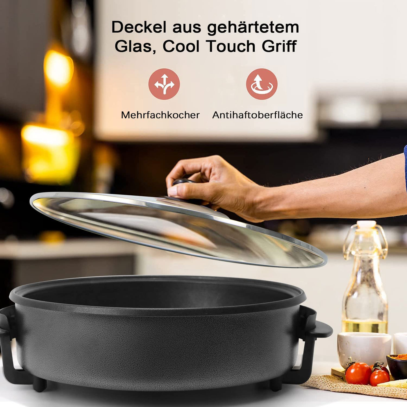 SUPERLEX MultifunktionalePfanne 9,6 Liter, Elektrische Multipfanne mit Deckel 42x9 cm 1500Watt, Elektropfannen Pizzapfanne, Elektrisch Partypfanne