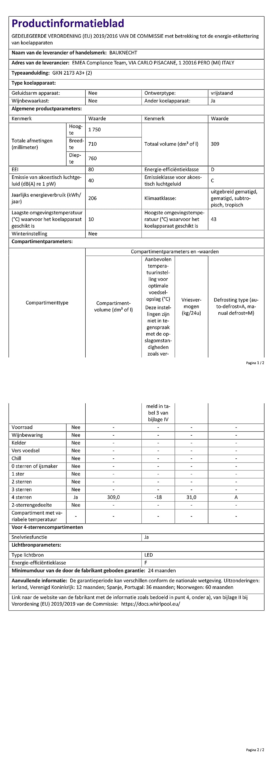 Bauknecht GKN 2173 A3+ Gefrierschrank Gefrieren: 310 L / No Frost / Supergefrierfunktion / EasyOpen Ventil / LED-Innenbeleuchtung / Elektronische Steuerung mit innenliegendem Bedienfeld,Weiß