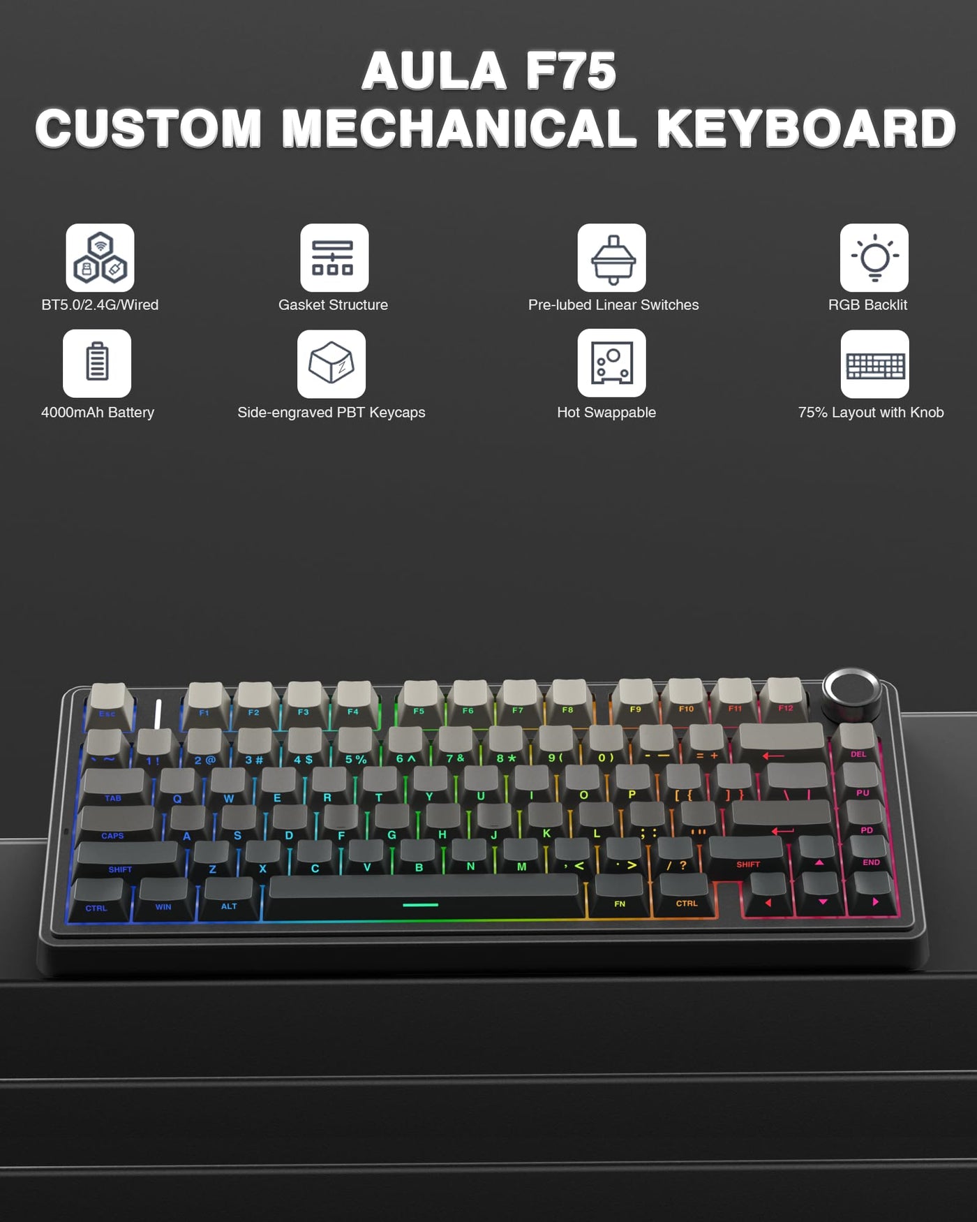 AULA F75 Pro Mechanische Tastatur Gaming,2.4GHz/Type-C/BT5.0 Kabellos Gaming Tastatur 75 Prozent,Seitlich Graviert,Gasket Struktur,Hot-Swap Wireless Tastatur RGB,QWERTY(Farbverlauf Grau)