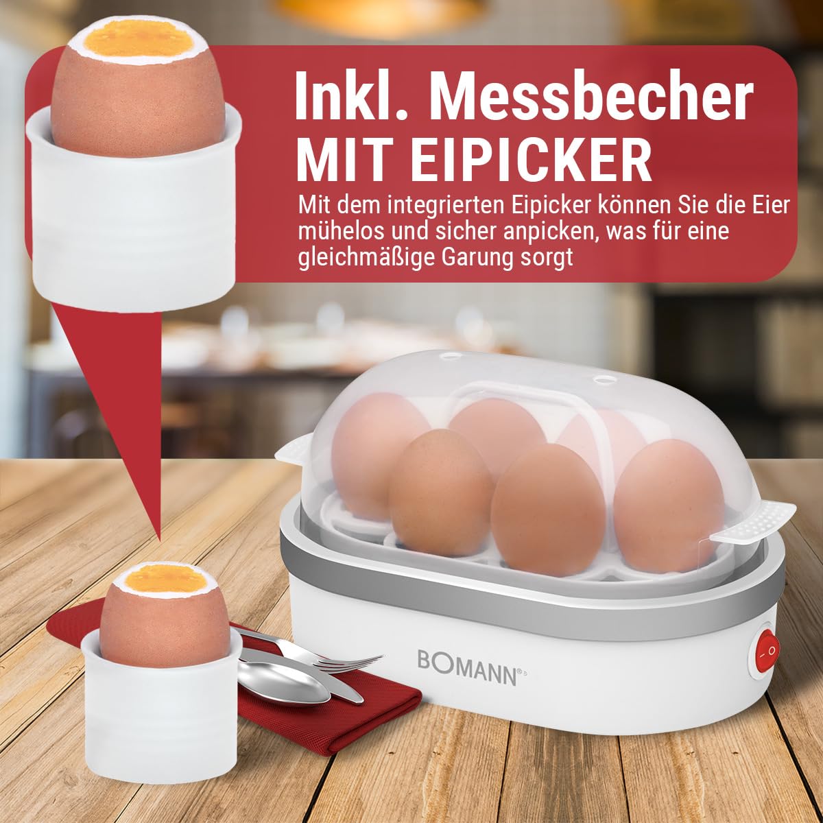 Bomann® Eierkocher für bis zu 6 Eier | Egg Cooker mit antihaftbeschichteter Heizschale | Egg Boiler mit Summer | elektrischer Eierkocher inkl. Eihalter & Messerbecher mit Eipicker | EK 5022 CB