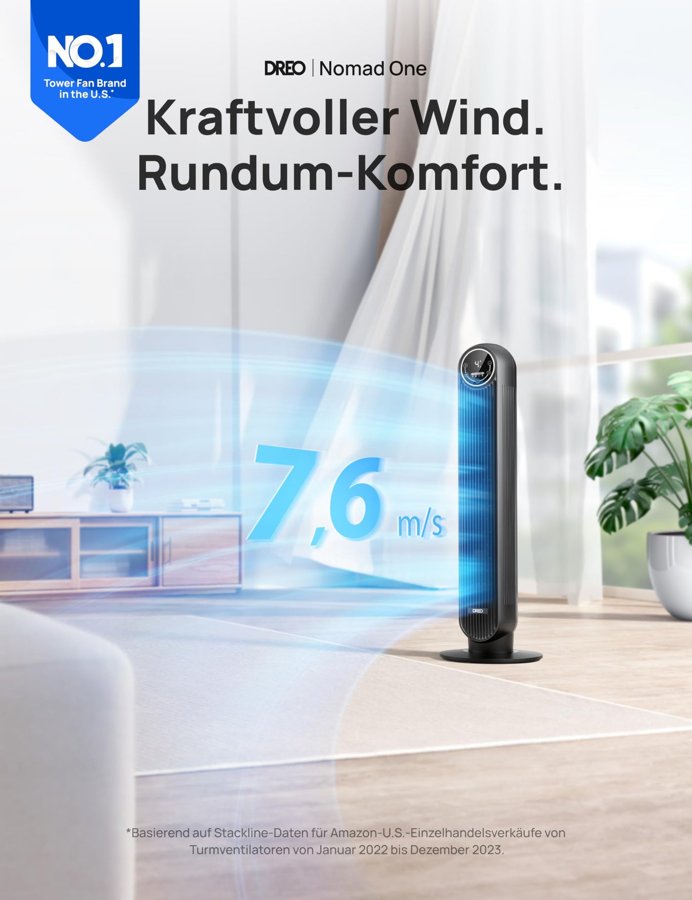 Dreo 28dB Leiser Turmventilator, 7,3m/s Geschwindigkeit 4 Geschwindigstufen 4 Modi 8 Std. Timer 90° oszillierende Ventilatoren mit Kühlung Fernbedienung für Schlafzimmer, Nomad One, Schwarz