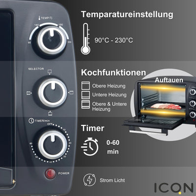 ICQN Kompakter Minibackofen 15 Liter, 1200W, 60 min-Timer, 3 Kochfuntionen, 90°-230°C, Kleiner Camping Ofen, Anthrazit, 2-Jahre Garantie