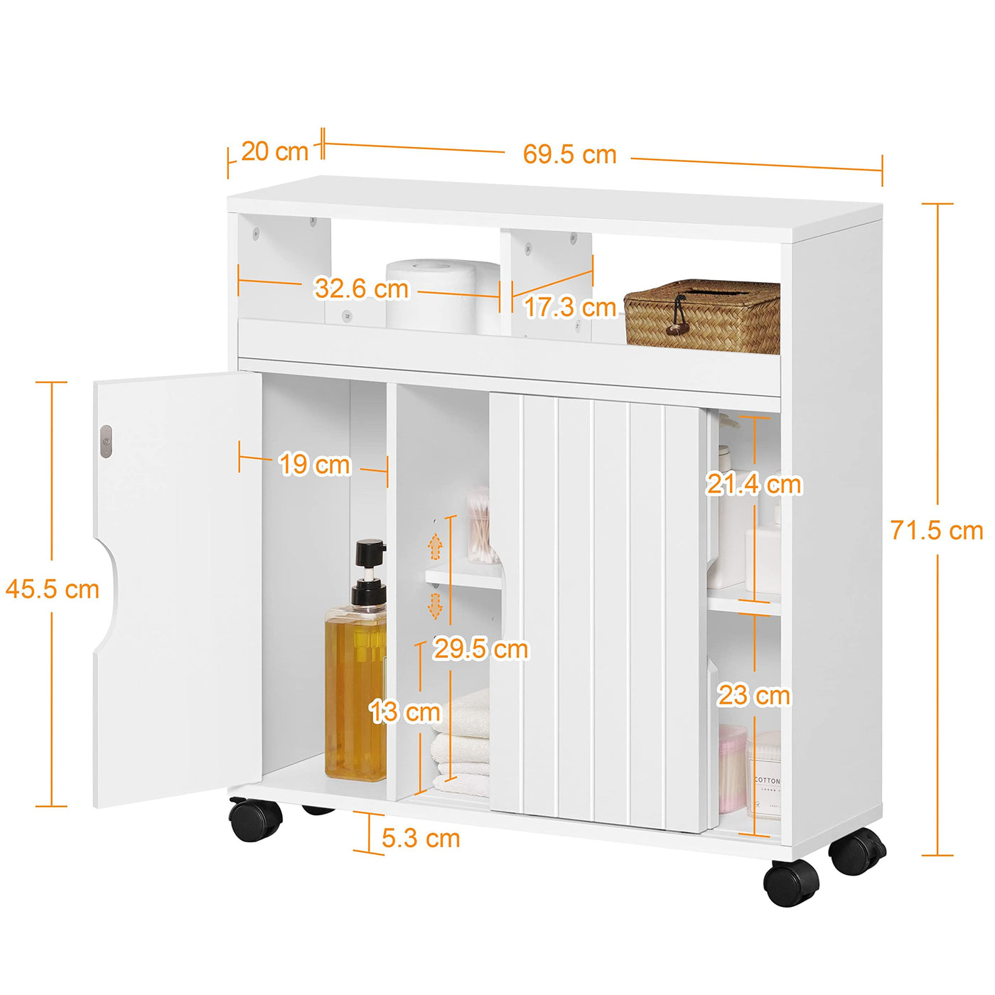 Yaheetech Badezimmerschrank Nischenschrank mit offener Ablage und Schiebetür Badrollwagen Badschrank Unterschrank für Bad Küche, 69,5 * 20 * 71,5 cm