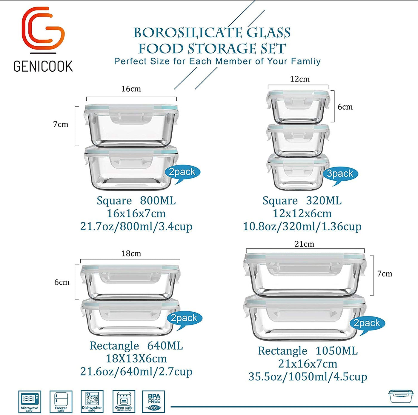 GENICOOK Frischhaltedose aus Glas/Glasbehälter mit Deckel/Vorratsdosen/Aufbewahrungsbehälter/Lebensmittelbehälter für Küche(9 Vorratsdosen mit 9 Deckel)