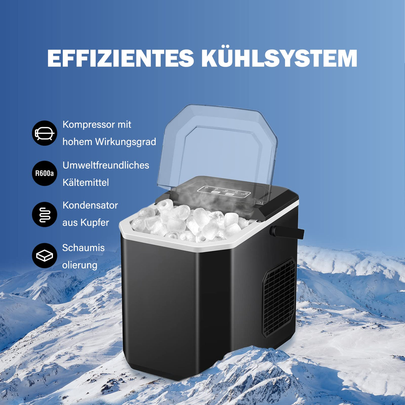 FOOING Eiswürfelmaschine Mini Tragbar,12kg/24h, Kompakt Eiswürfelbereiter Maschinen Arbeitsplatte,6-Minuten-Schnelleis-Maschine,Selbstreinigende ice maker für Zuhause, 2 Größen von Eis