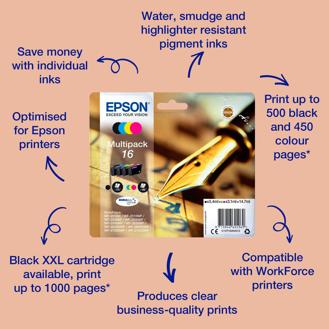 Epson Original 16 Tinte Füller (WF-2630WF, WF-2650DWF, WF-2660DWF, WF-2750DWF, WF-2760DWF), Multipack 4-farbig