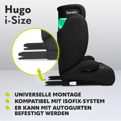 LIONELO HUGO I-SIZE Kinderautositz, Gruppe 2 3, von 100–150 cm, ISOFIX-Installation, verstellbare Kopfstütze, Memory-Schaum, Seitenschutz, bequeme Armlehnen