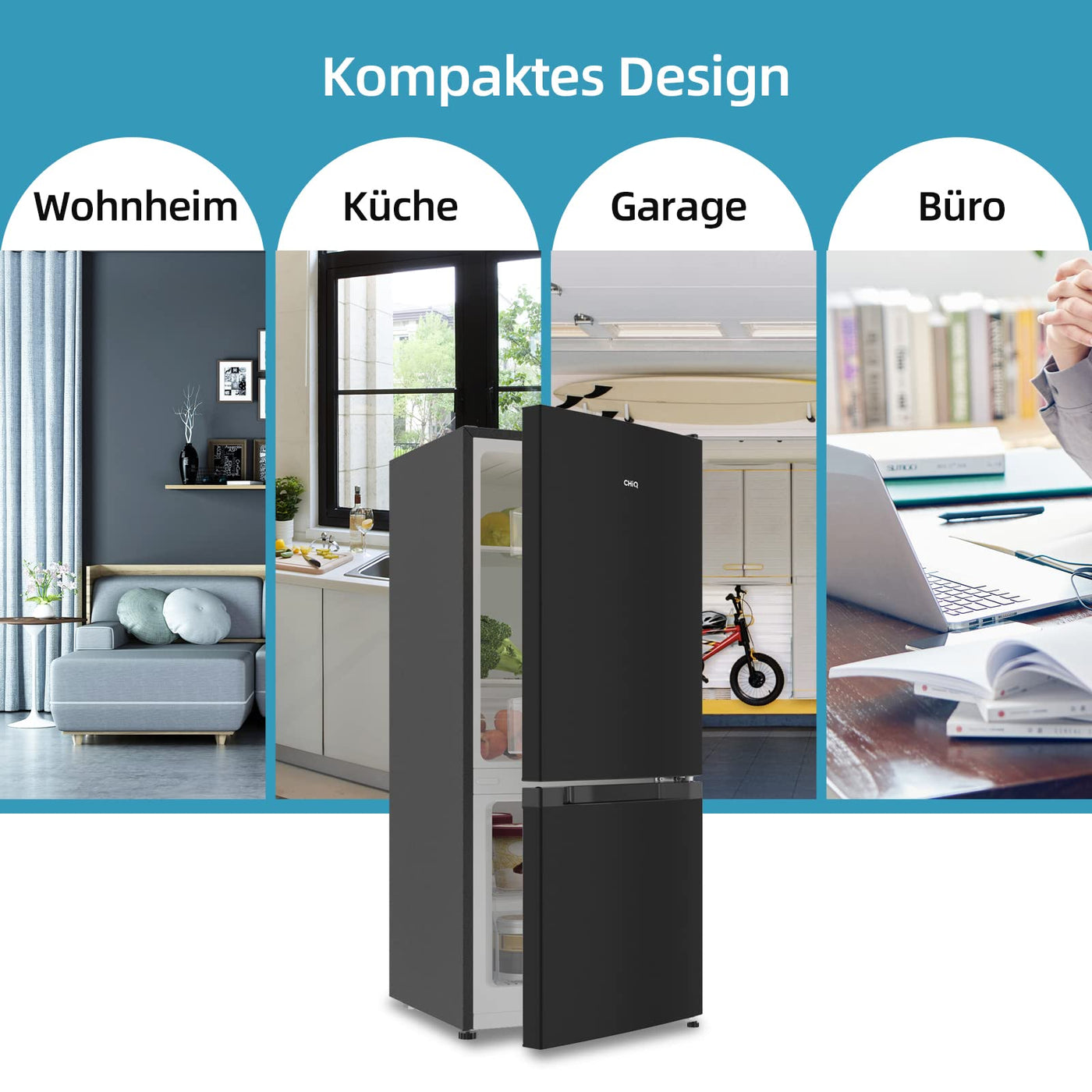 CHIQ Freistehender Kühlschrank mit Gefrierfach | Kühl-Gefrierkombination 114 cm Höhe, 47 cm Breit, 117L| 4 Sterne Gefrieren -24℃ | LED Litcht | Dunkler Edelstahl Look, for Eigentumswohnungen