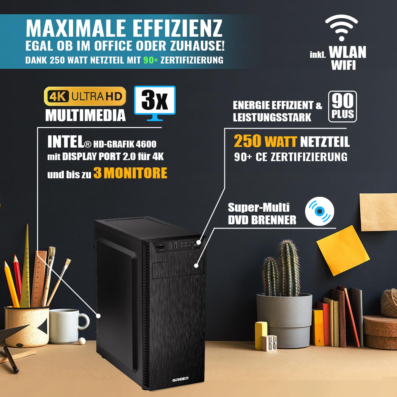 GREED® Multimedia PC mit Intel Core i7 4790 - Schneller Rechner + Computer für Büro & Home Office mit 4,0 GHZ, 16GB RAM/Arbeitsspeicher - 240GB SSD + 1TB - DVD+RW - USB3.0 - WLAN, inkl. Windows 11 Pro