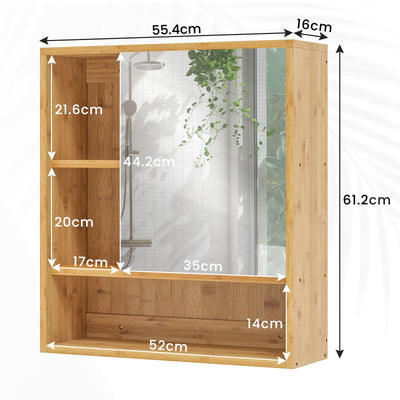 VIAGDO Spiegelschrank Bad, Badezimmer Spiegelschrank mit Türen, Badschrank mit Spiegel, Hängeschrank, Badezimmerspiegel Wandschrank mit 3 Ablagen, Bambus, 55.4x16x61.2cm