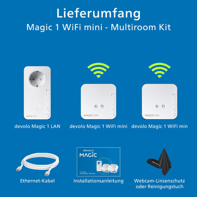 devolo Magic 1 WiFi mini Multiroom Kit, WLAN Powerline Adapter, bis zu 1.200 Mbit/s, WLAN Verstärker, 1x LAN Anschluss, dLAN 2.0, weiß