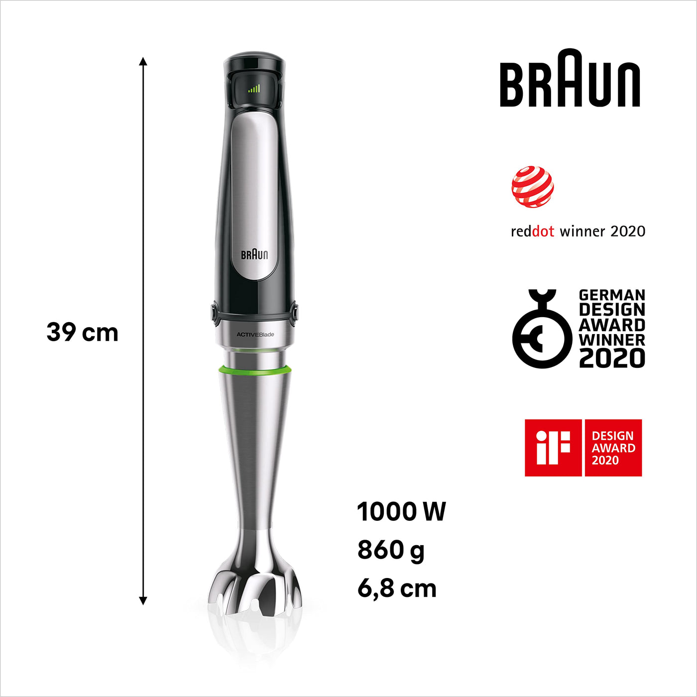 Braun MultiQuick 7 MQ 7045X Stabmixer - Pürierstab mit abnehmbarem Edelstahl Mixfuß mit ActiveBlade Technologie zum Pürieren der härtesten Zutaten, inkl. 4-teiliges Zubehör Set, 1000 Watt, Schwarz