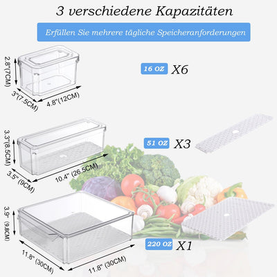 KUMD 10 Stück kühlschrank organizer, stapelbare kühlschrank organizer mit deckel, BPA-frei, klar Obst-Aufbewahrungsbehälter für Kühlschrank-Organizer, für Lebensmittel, Obst, Gemüse