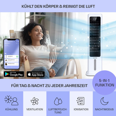 Klarstein Luftkühler mit Wasserkühlung, 4-in-1 Verdunstungskühler, Luftreiniger, Luftbefeuchter & Ventilator, Mobile Klimageräte Luftkühler 6L, 60W Air Cooler mit App-Control, 450m³/h Luftstrom