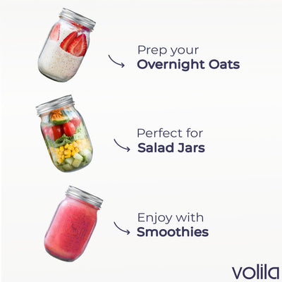 volila Mason Jar mit Deckeln - 490 ml Mehrzweck-Einmachgläser für Overnight Oats, Einlegen, Einmachen, Konservieren und Mahlzeitenvorbereitung - Luftdichte Einweckgläser (6er Pack - Normaler Deckel)