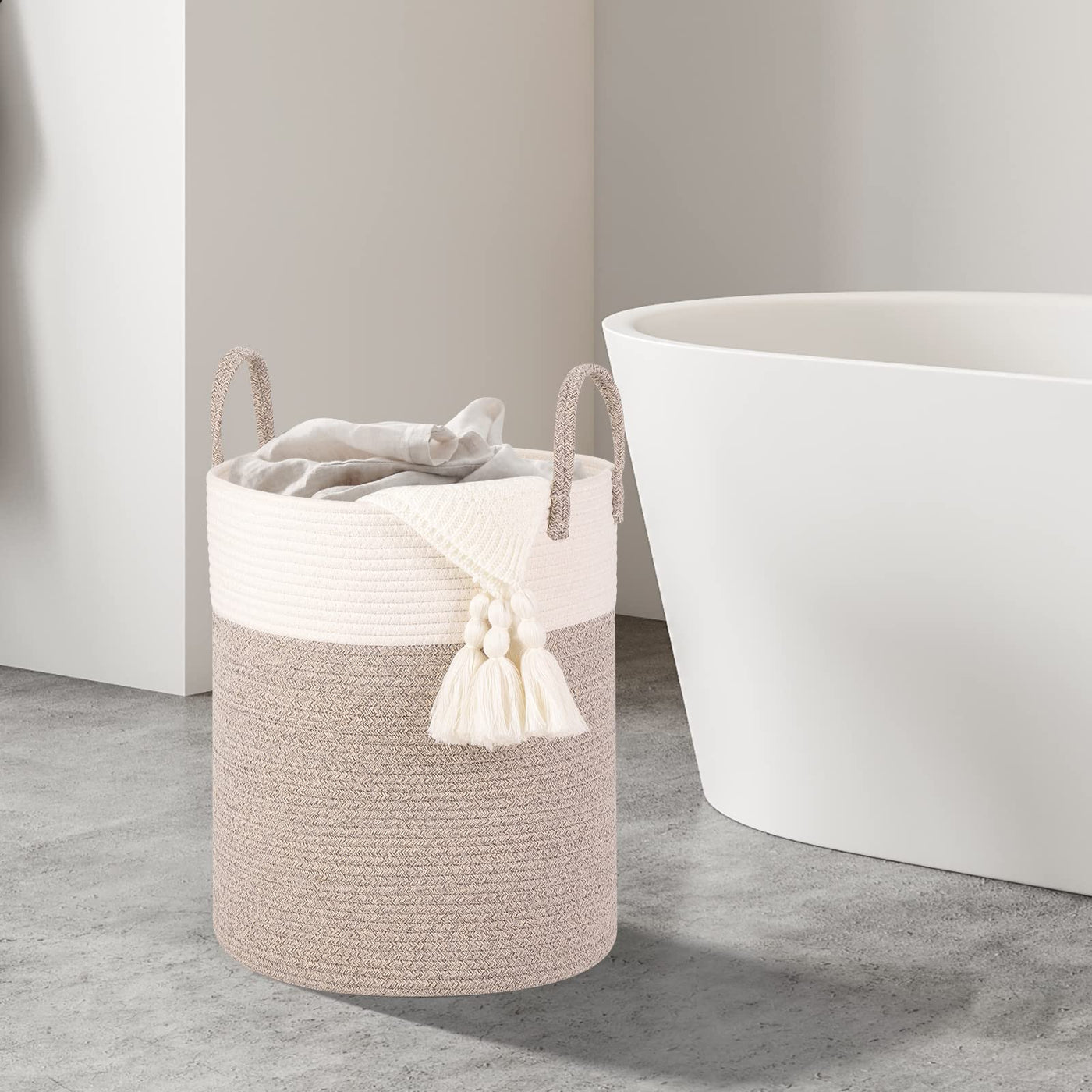 Panier à linge tissé en coton VORHOT, 53 L, panier à linge avec poignée, panier de rangement pour jouets, panier à linge pour buanderie, chambre d'enfant, salon, salle de bain, 46 x 38 cm