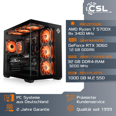 Gaming PC mit Windows 11 Home | AMD Ryzen 7 5700X 8x3.4GHz | GeForce RTX 3060 | 1000GB M.2 NVMe | 32GB DDR4 RAM | WLAN, Computer für Zocker, Gamer Desktop Rechner zum Spielen | A10100