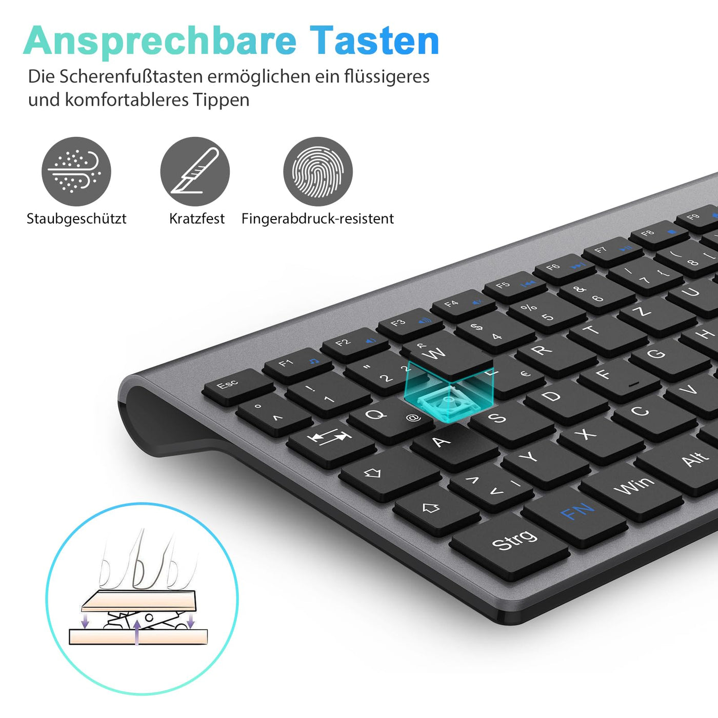 cimetech Tastatur Maus Set Kabellos, 2.4G Ultraslim Tragbare Funktastatur mit Maus Tastatur QWERTZ Layout (Deutsch) für Laptop, PC, Desktop, Notebook, Windows