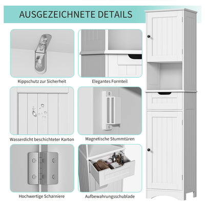 Bealife Hochschrank Badezimmer, 170x40x30cm Badschrank mit verstellbaren Regalen, Badezimmerschrank mit offenem Fach, Schublade und Türen für Badezimmer, Wohnzimmer, Schlafzimmer - Weiß