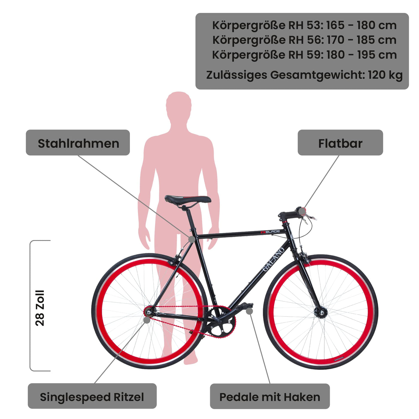 Galano 700C 28 Zoll Fixie Singlespeed Bike Blade 5 Farben zur Auswahl, Rahmengrösse:56 cm, Farbe:schwarz/rot