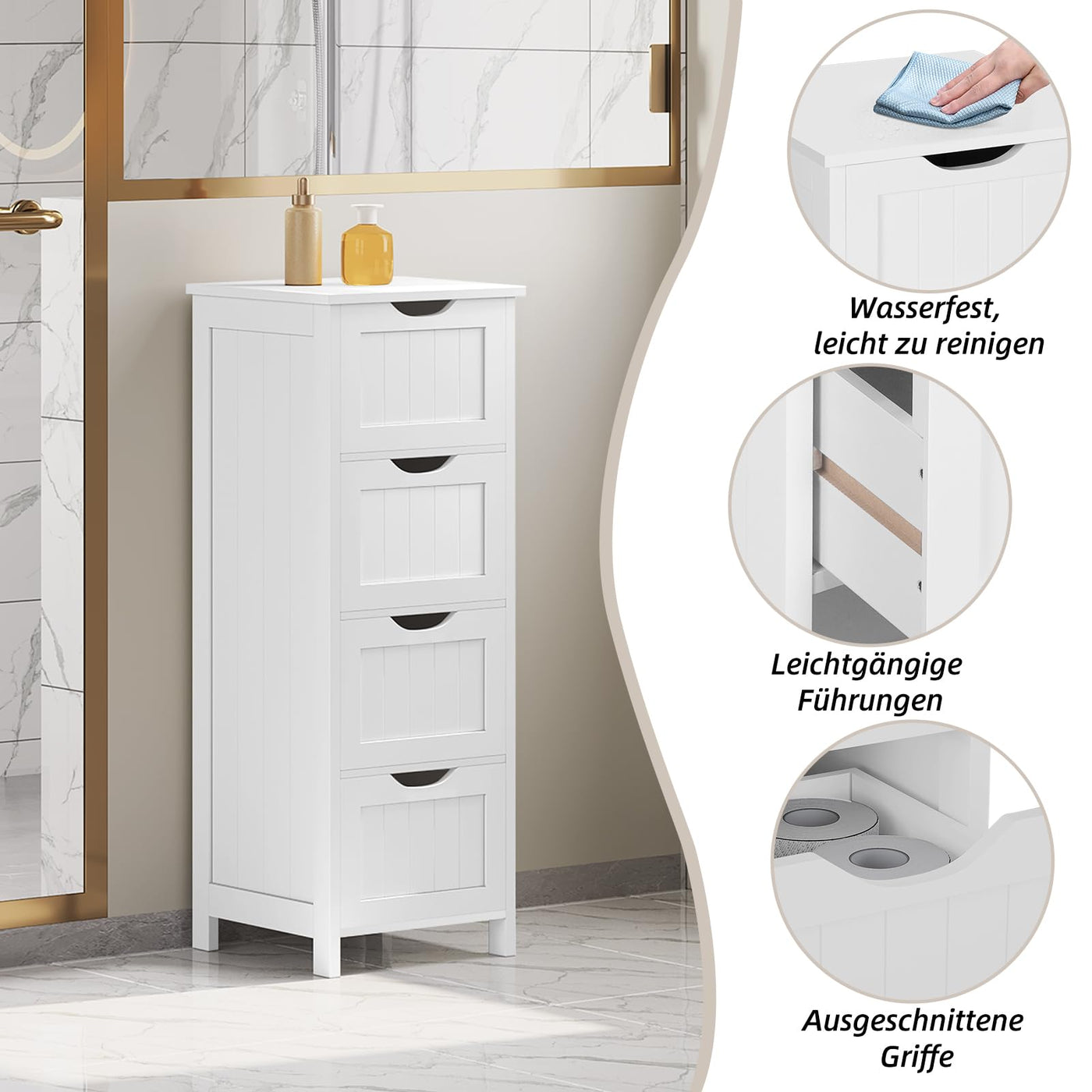 eSituro Badschrank Beistellschrank Schubladenkommode Organizer mit 4 Körben aus MDF Weiss