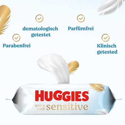 Huggies Pure Extra Care Sensitive Baby-Feuchttücher, Für den ganzen Körper, 99 % reines Wasser, Parfümfrei, 8 x 56 Tücher, Monatsbox