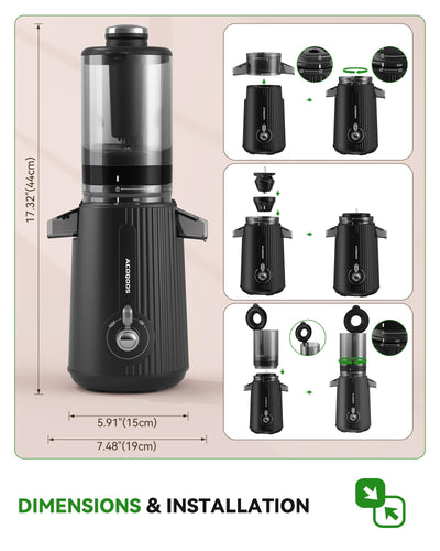 ACOQOOS Entsafter, Entsafter Gemüse und Obst with 110MM Einfüllöffnung, Leicht zu Reinigen Slow Juicer Machine with 2 Cups Schwarz