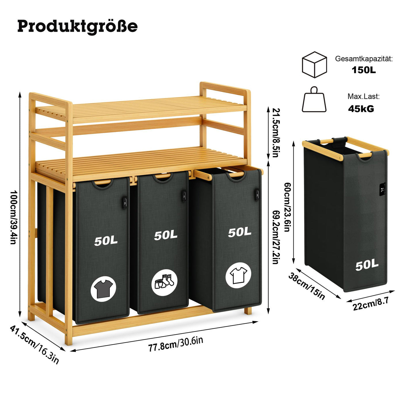 AdelDream Wäschekorb 150L 3 Fächer 2 Regale ausziehbarer und abnehmbarer Wäschesack Wäschesammler Bambusrahmen Wäscheboxen laundry baskets Wäschesortierer Bambus