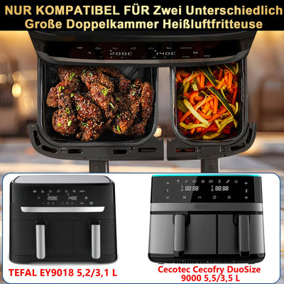 YINGRACE Heißluftfritteuse Zubehör für Tefal EY9018 5,2/3,1 L, Cecotec Cecofry DuoSize 9L, Zwei Größen Dual Schubladen, 6PCS mit Silikonform, Grillrost, Backpapier für Heißluftfritteuse