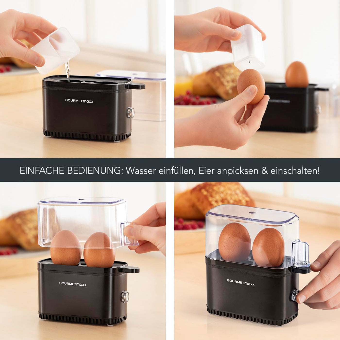 GOURMETmaxx Design Eierkocher für 2 Eier | kompakter Egg Boiler | Egg Cooker mit Eierstecher, Messbecher & Signalton | 3 Härtegrade | leichte Reinigung & spülmaschinenfeste Teile