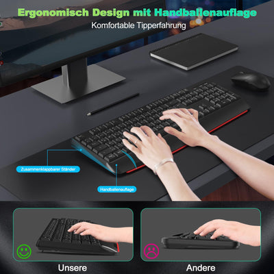 cimetech Tastatur Maus Set Kabellos, 2.4G Ergonomische Funktastatur mit Maus mit Handballenauflage und Ständern Tastatur Kabellos mit Ziffernblock Funkmaus 1600DPI für Windows Computer Laptop PC