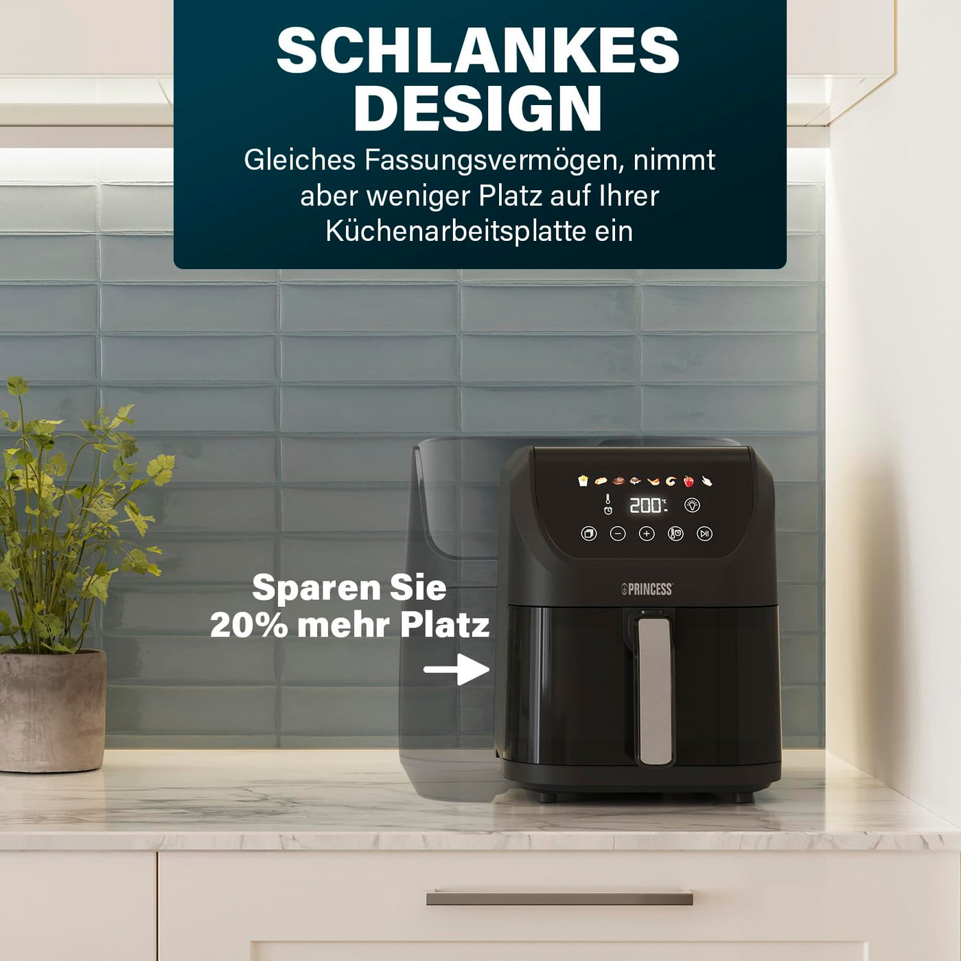 Princess Slim Airfryer 5L - 1500 W - leiser Betrieb (55 db) - Platzsparendes Design - Ölfrei - 8 Kochprogramme - Einstellbarer Thermostat - Spülmaschinenfeste Teile - Antihaftbeschichtung - 182240