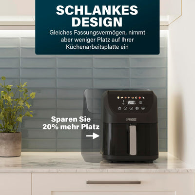 Princess Slim Airfryer 5L - 1500 W - leiser Betrieb (55 db) - Platzsparendes Design - Ölfrei - 8 Kochprogramme - Einstellbarer Thermostat - Spülmaschinenfeste Teile - Antihaftbeschichtung - 182240