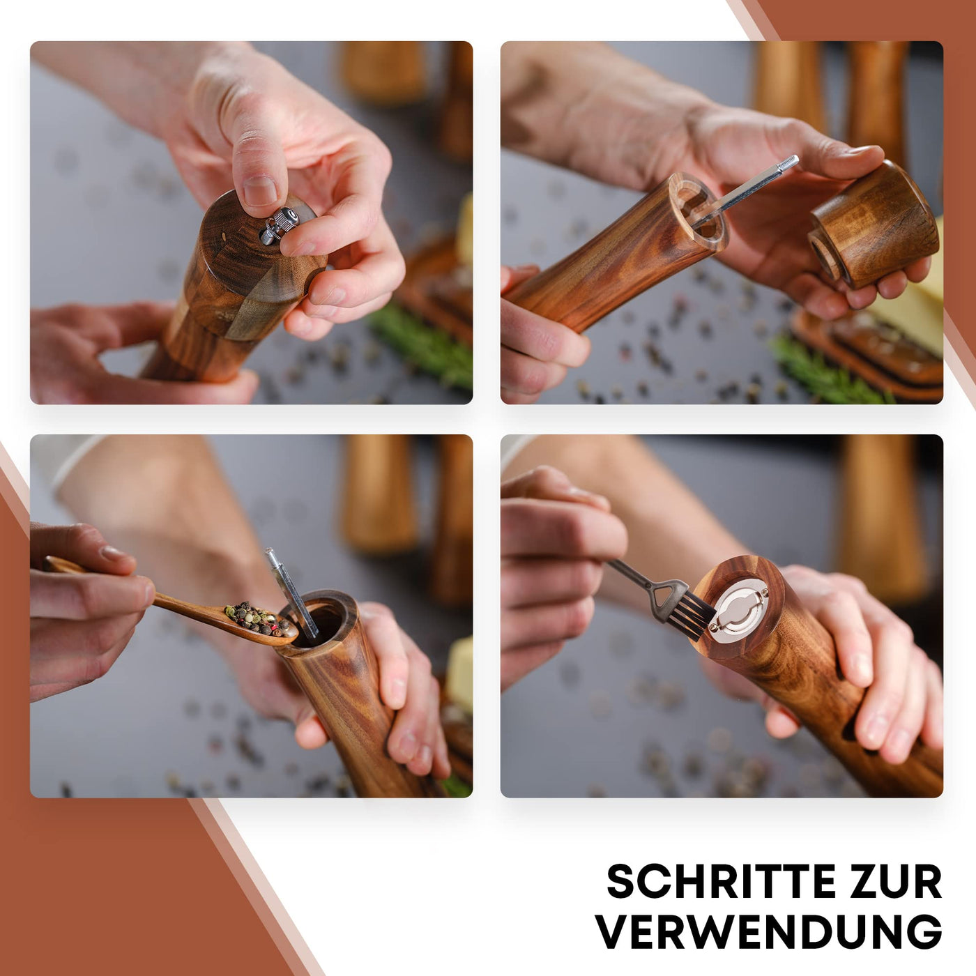 WALDLAND® Salz und Pfeffermühle aus Holz mit Untersetzer sehr Gross (25,5 cm) | Gewürzmühlen mit hochleistungs - Keramikmahlwerk | Pfeffer und Salzmühle Set