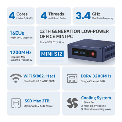 Beelink Mini S12 Mini PC, Intel 12. Prozessor N95 (4C/4T, bis zu 2.9Ghz), 8G DDR4 256G M.2 SSD Mini Computer W11 Pro, LAN 1000M/25W TDP/WiFi 5/BT4.2 für Heim/Büro