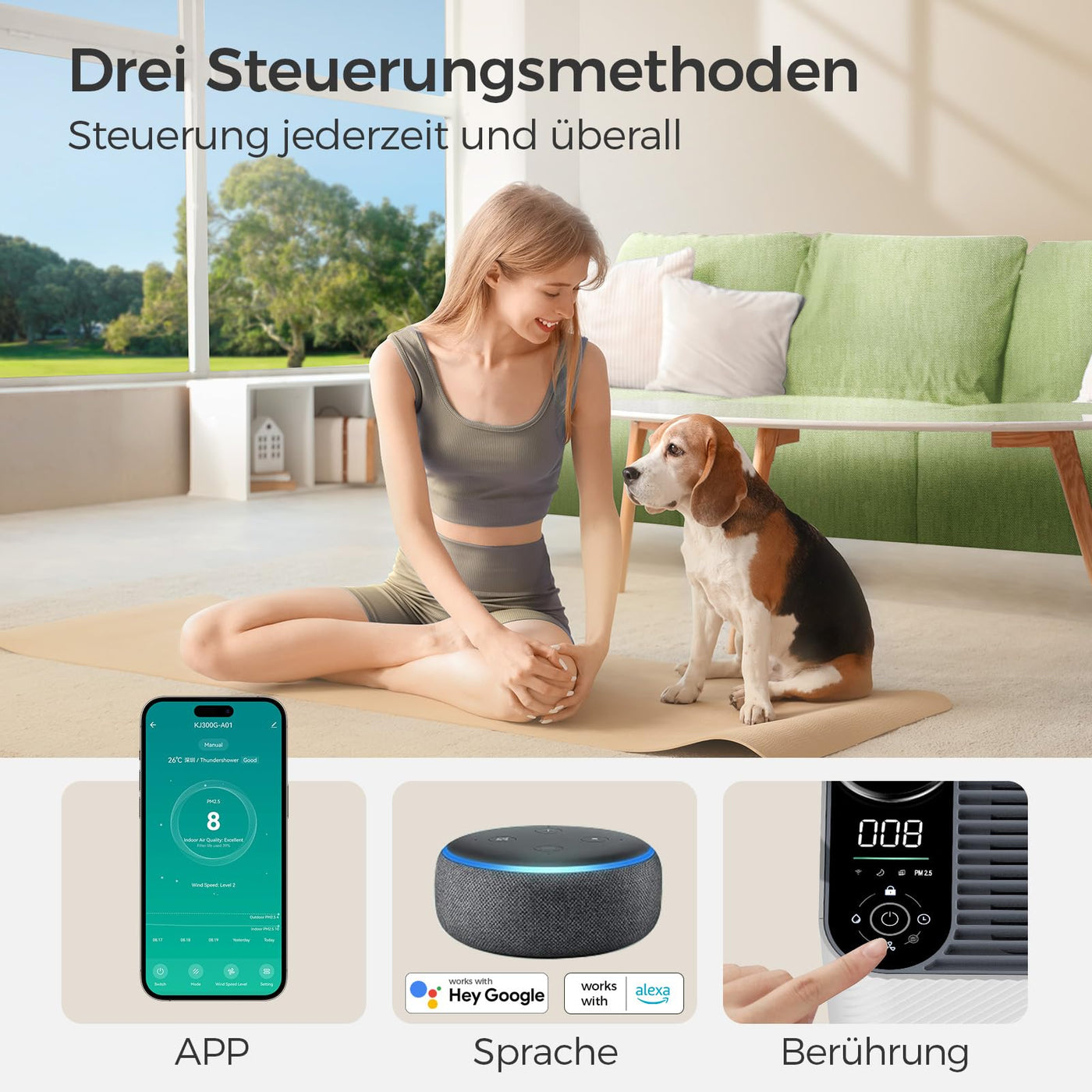 Dhyala Luftreiniger Allergiker für Wohnung Raucherzimmer, HEPA Luftfilter gegen Schimmel Staub Pollen Tierhaare, CADR 450m³/h für 161㎡, App-gesteuert Air Purifier 22dB Schlafmodus & Automodus