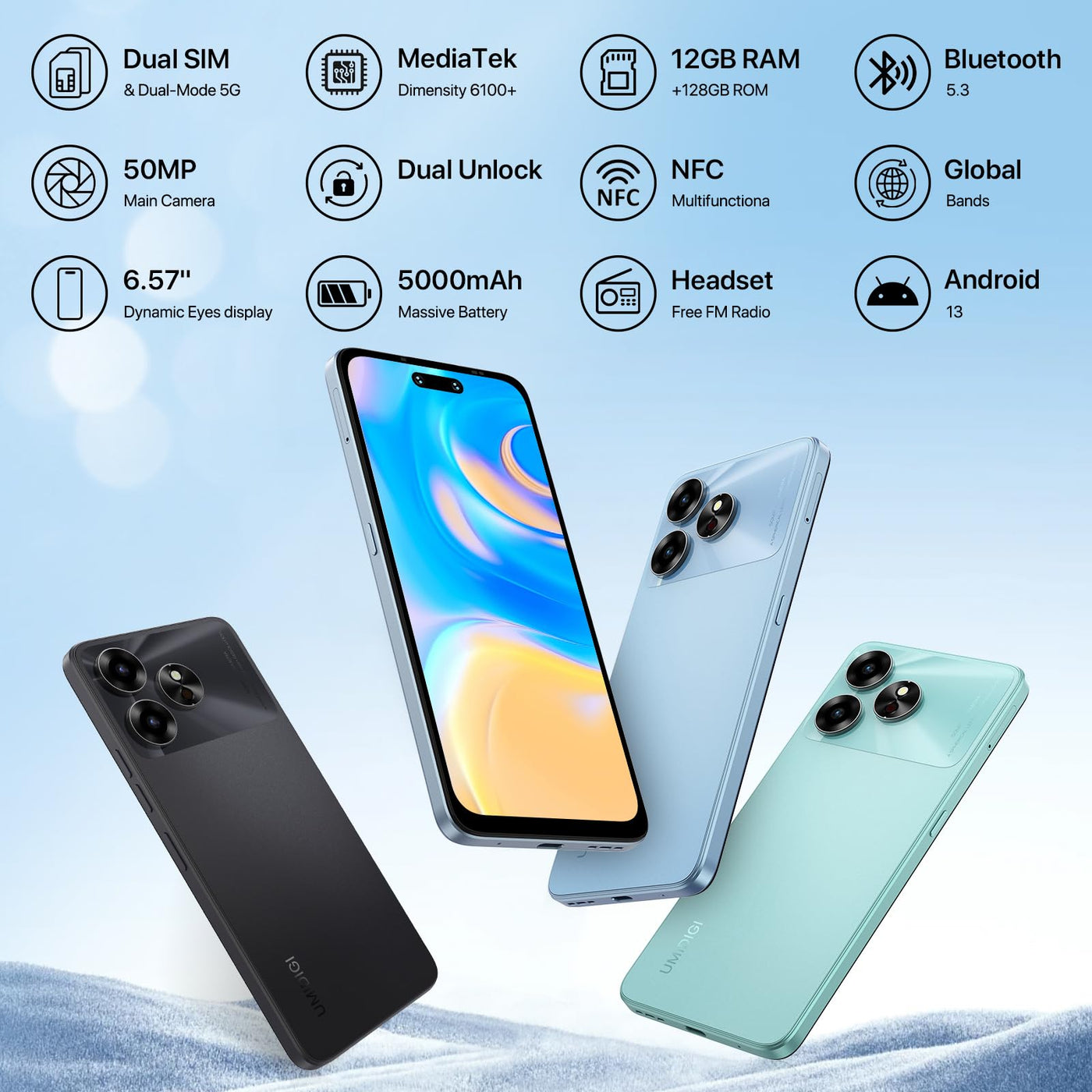 UMIDIGI G6 5G Handy Ohne Vertrag 2024, 6GB+128GB/TF 1TB, Android 13 Smartphone Ohne Vertrag, 6.57" 90Hz HD+, 50MP Kamera 5000mAh, Dimensity 6100+ 5G Simlockfreie Handys, Fingerprint/Face ID/GPS,NFC