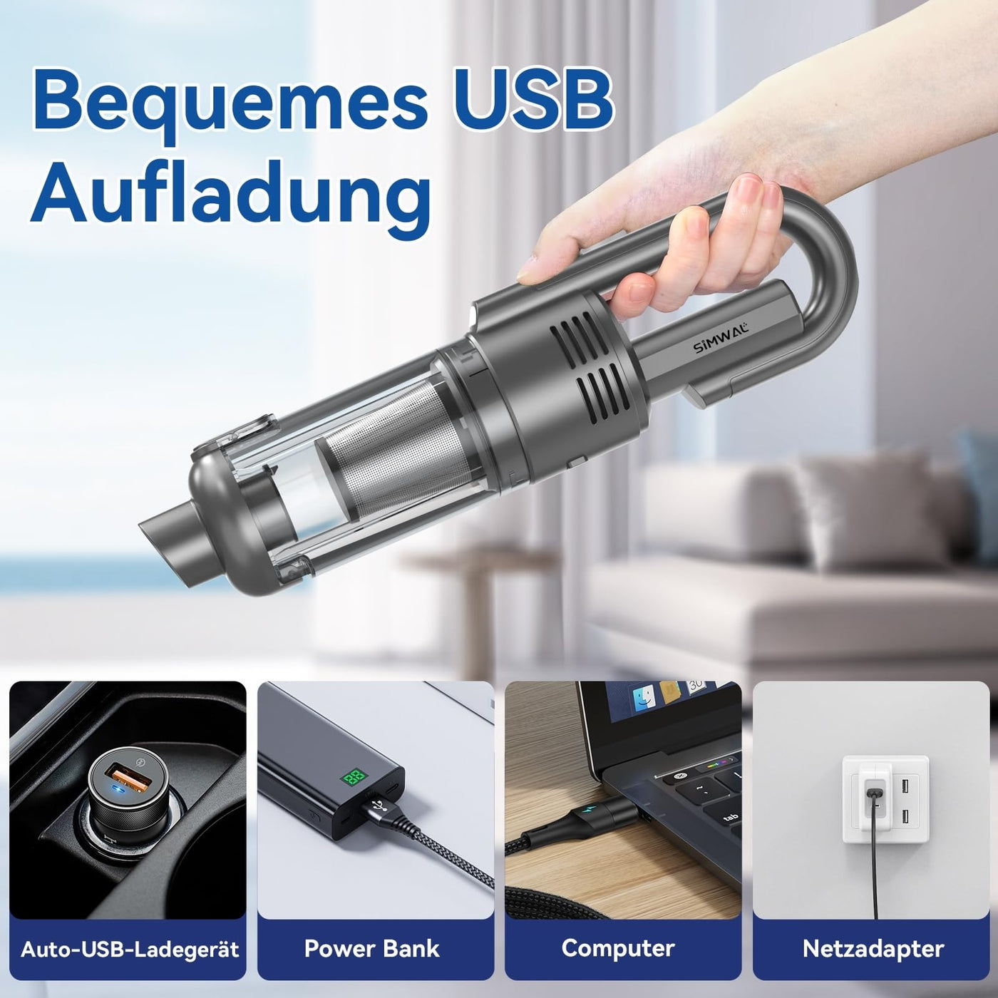 SIMWAL Auto Handstaubsauger Akku Kabellos - 9500PA stark tragbar Mini Staubsauger - 30Min Laufzeit USB aufladbar Autostaubsauger mit Waschbar HEPA Filter LED Beleuchtung für Haus, Küche, Büro