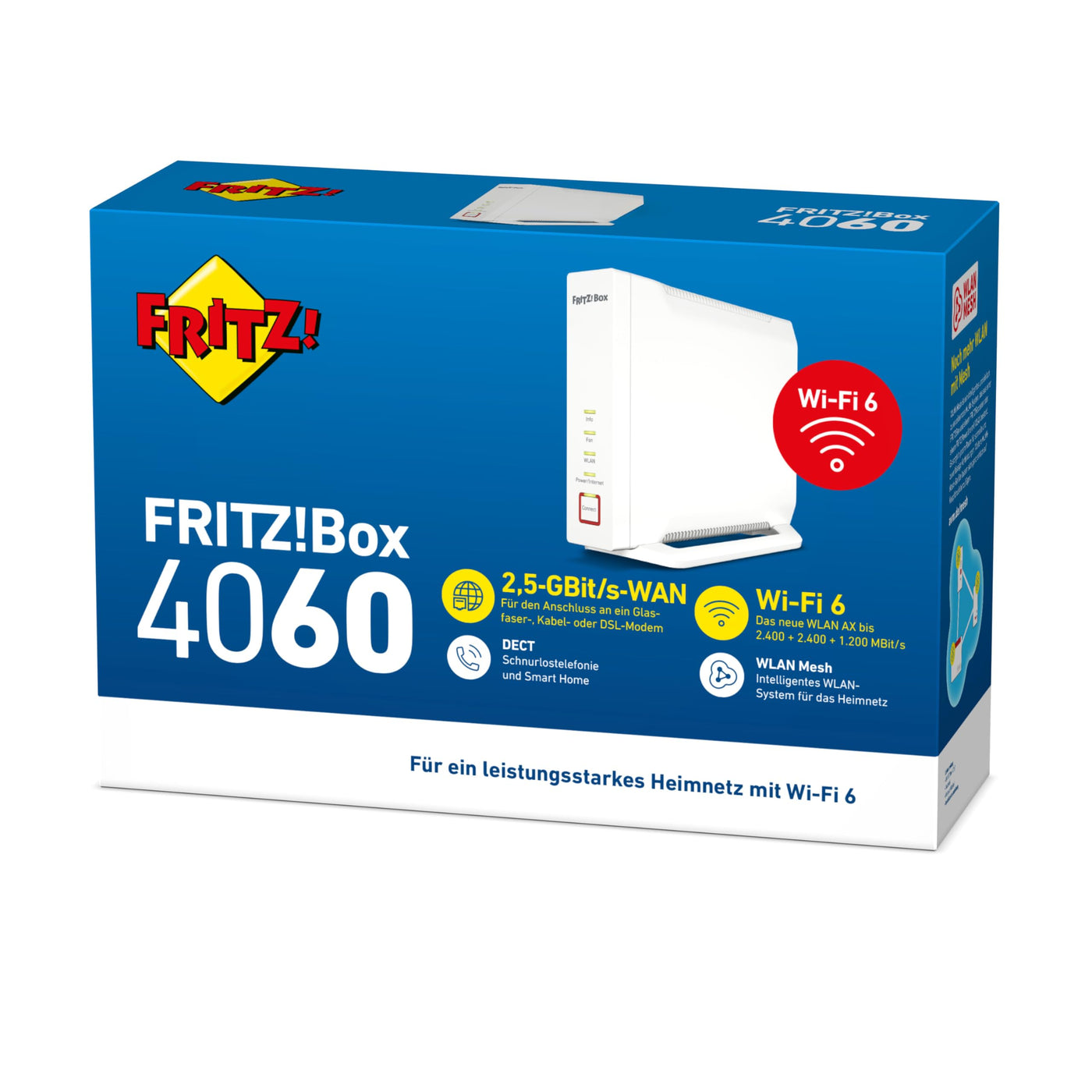 AVM FRITZ!Box 4060 (Wi-Fi 6 Mesh Router, bis zu 4.800 MBit/s (5 GHz) & 1.200 MBit/s (2,4 GHz), 3 x Gigabit-LAN, DECT-Basis, USB 3.0, deutschsprachige Version)