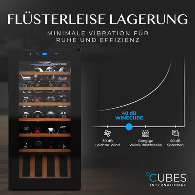 °CUBES Weinkühlschrank 28 Flaschen (90L) mit eleganter Glastür & hochwertigen Regalen aus Buchenholz | 5-18°C, vibrationsarm & leise (40dB) | Weinschrank mit LED Display - Tolles Geschenk