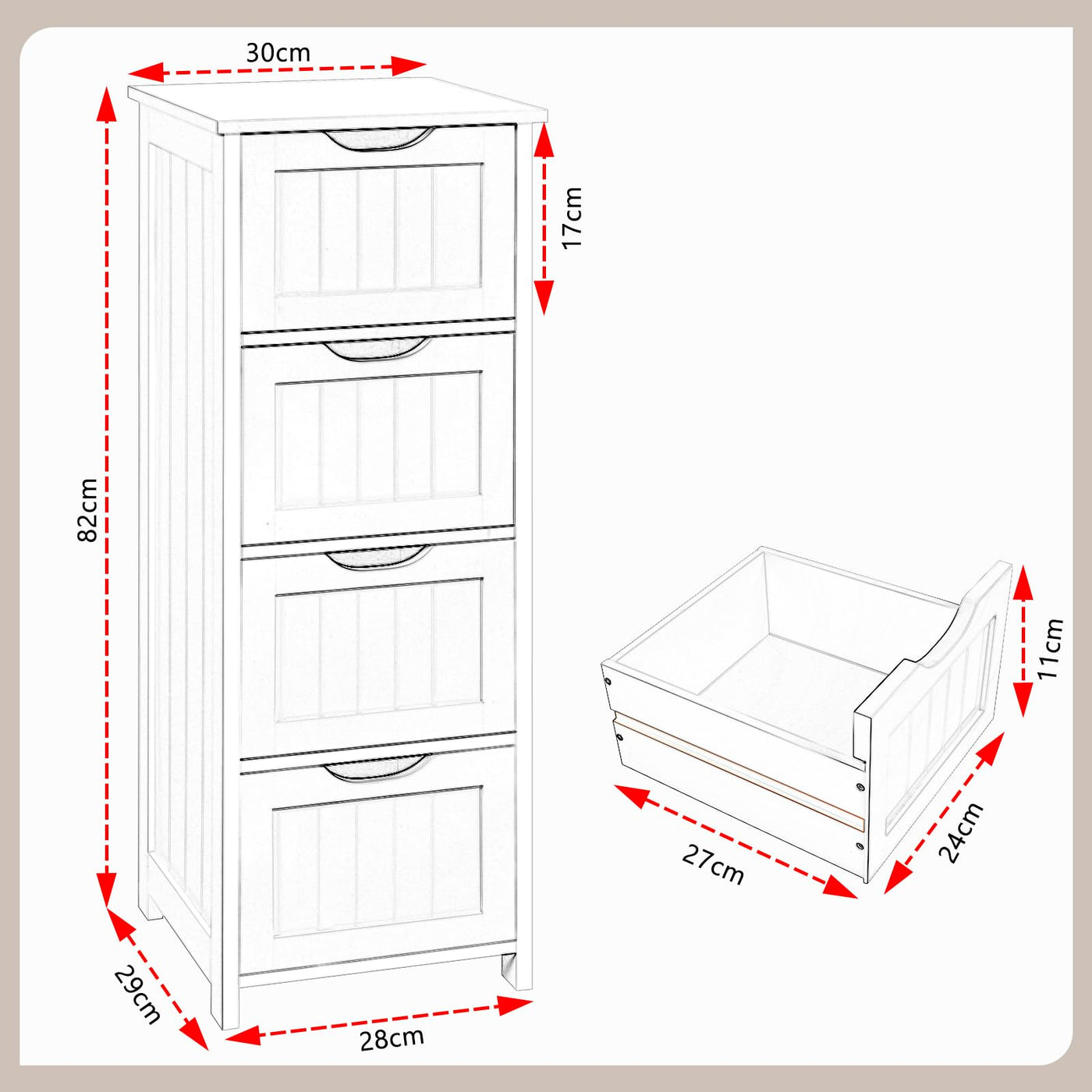 eSituro Badschrank Beistellschrank Schubladenkommode Organizer mit 4 Körben aus MDF Weiss