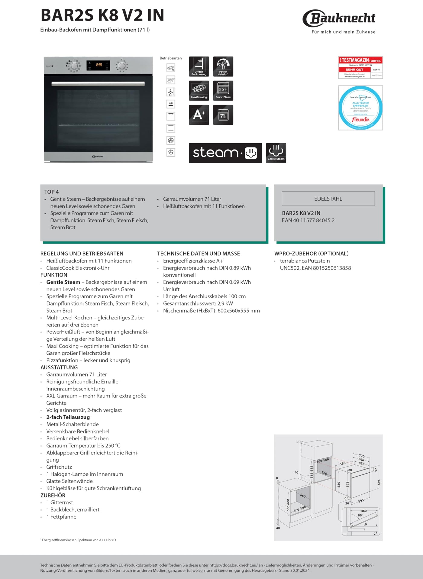 Bauknecht BAR2 KH8V2 IN Einbau-Backofen/A+/71 L/ hydrolytische Selbstreinigungsfunktion / Edelstahl ProTouch / PowerHeißluft