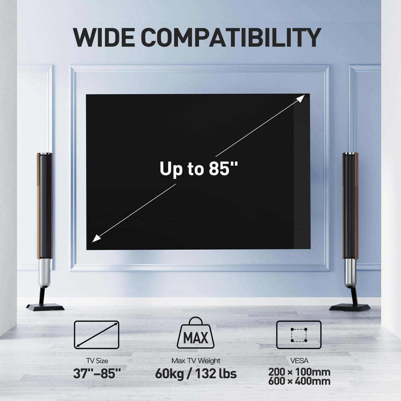 PERLESMITH TV Wandhalterung, Wandhalterung Fernseher für 37-85 Zoll Flach/Curved Fernseher bis zu 60kg, Schwenkbar Neigbar TV Halterung max.VESA 600x400mm