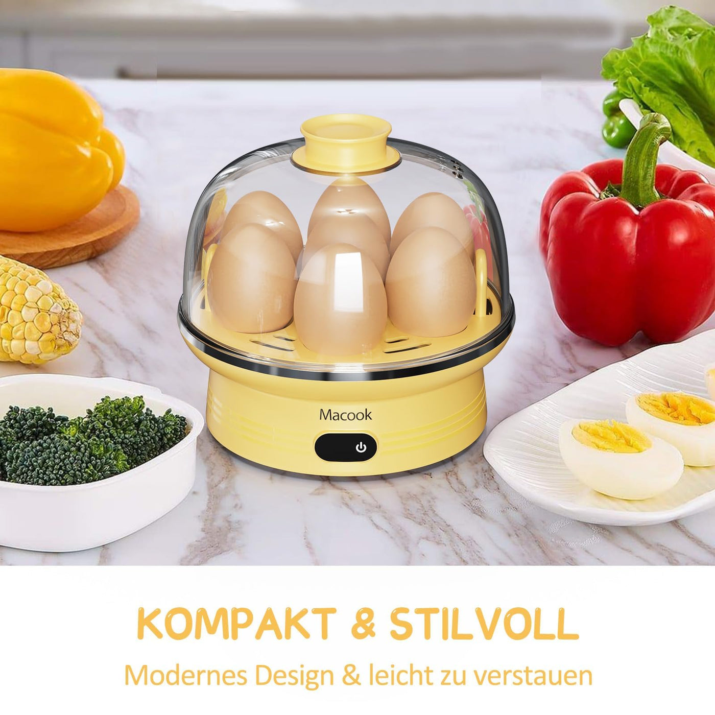 Macook Eierkocher für 1-7 Eier, Eierkocher Testsieger, Egg Cooker Computergesteuerte Kontrolle, Egg Boiler mit LED Touchscreen, BPA-frei, 350W, Gelb