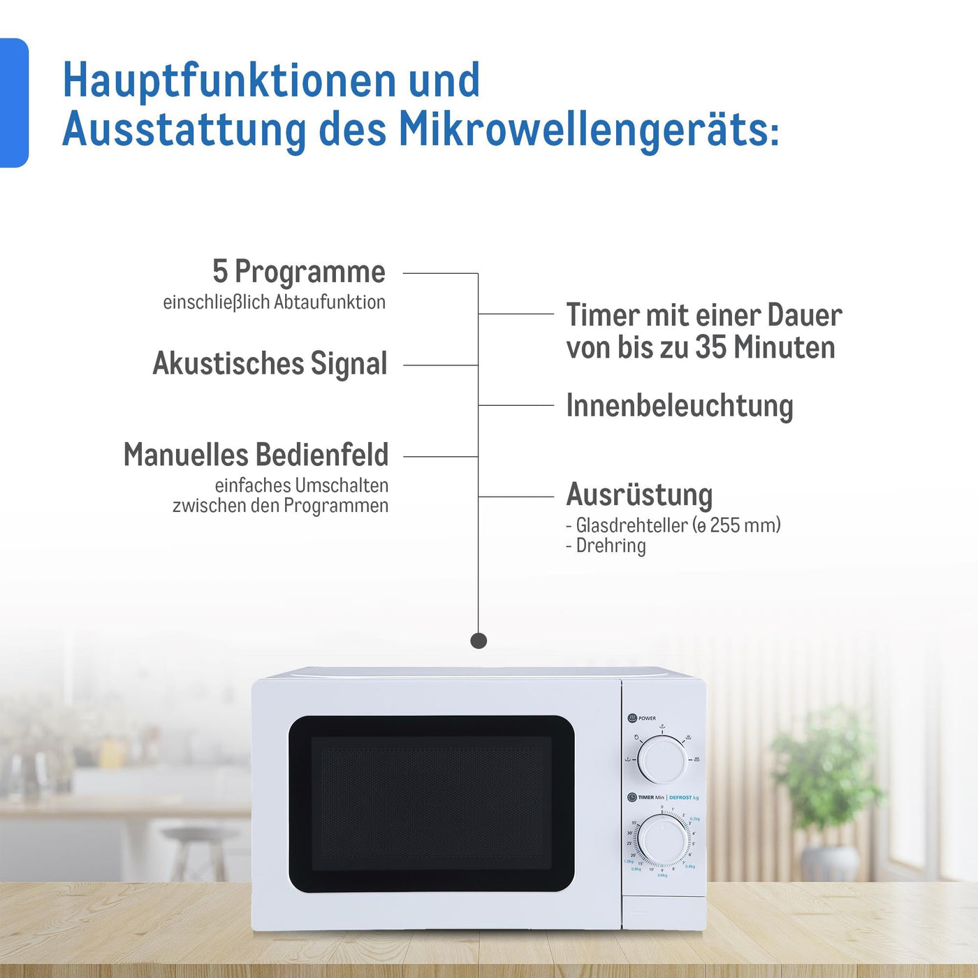 aro Mikrowelle MW10720, Stahl-SPCC, 43.9 x 33.4 x 25.8 cm, 20 L, 700 W, 5 Programme, Timerfunktion, Drehteller-Ø: 25.5 cm, weiß